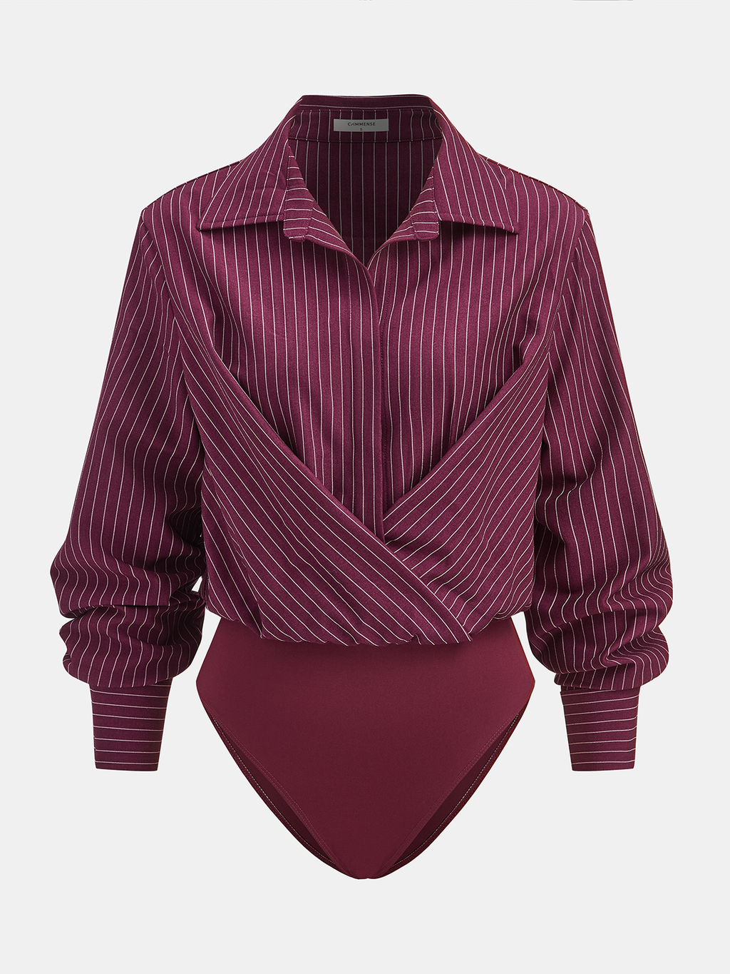 Pinstripe Bodysuit with Cross-Front Design and Collar