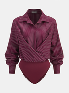 Pinstripe Bodysuit with Cross-Front Design and Collar