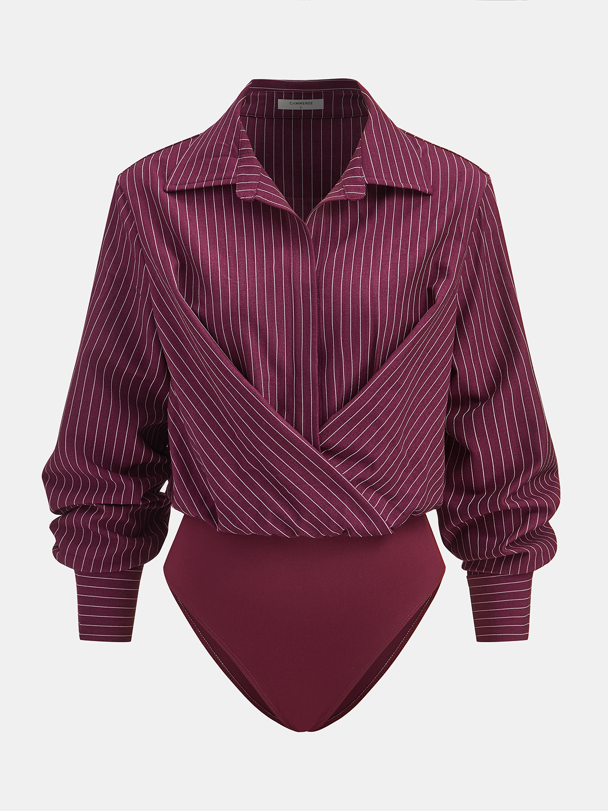 Pinstripe Bodysuit with Cross-Front Design and Collar