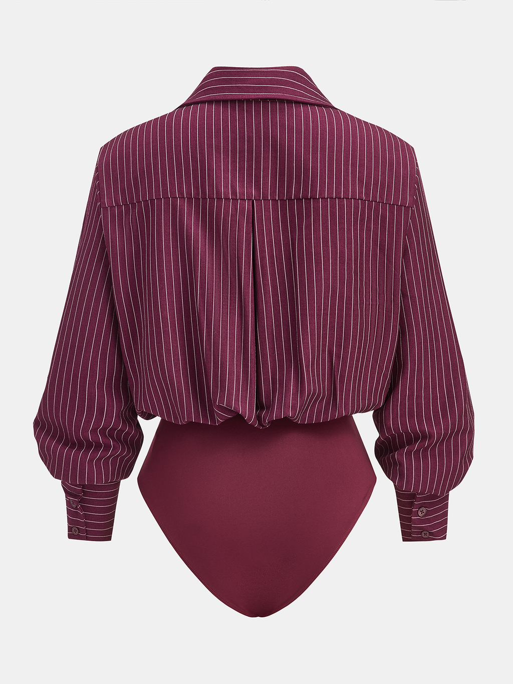 Pinstripe Bodysuit with Cross-Front Design and Collar