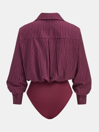 Pinstripe Bodysuit with Cross-Front Design and Collar