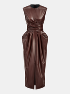 Sleeveless PU Leather Midi Dress with Draped Slit