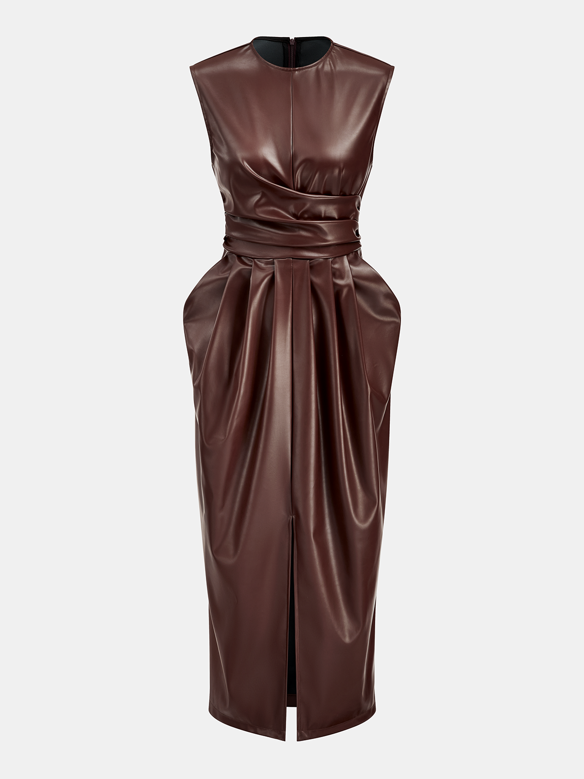 Sleeveless PU Leather Midi Dress with Draped Slit