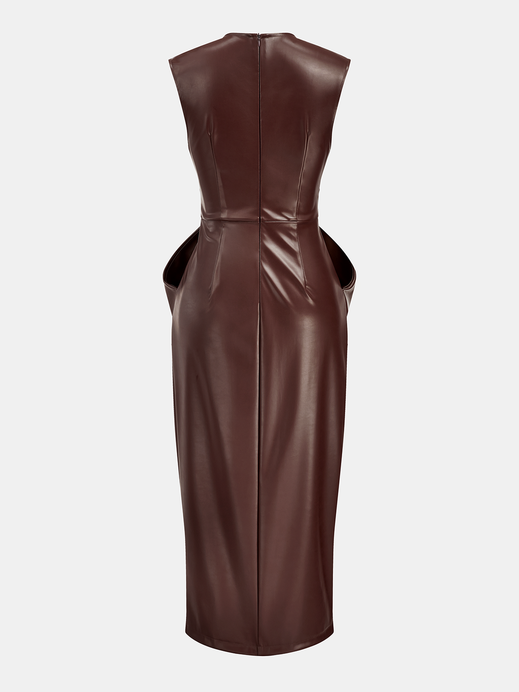 Sleeveless PU Leather Midi Dress with Draped Slit