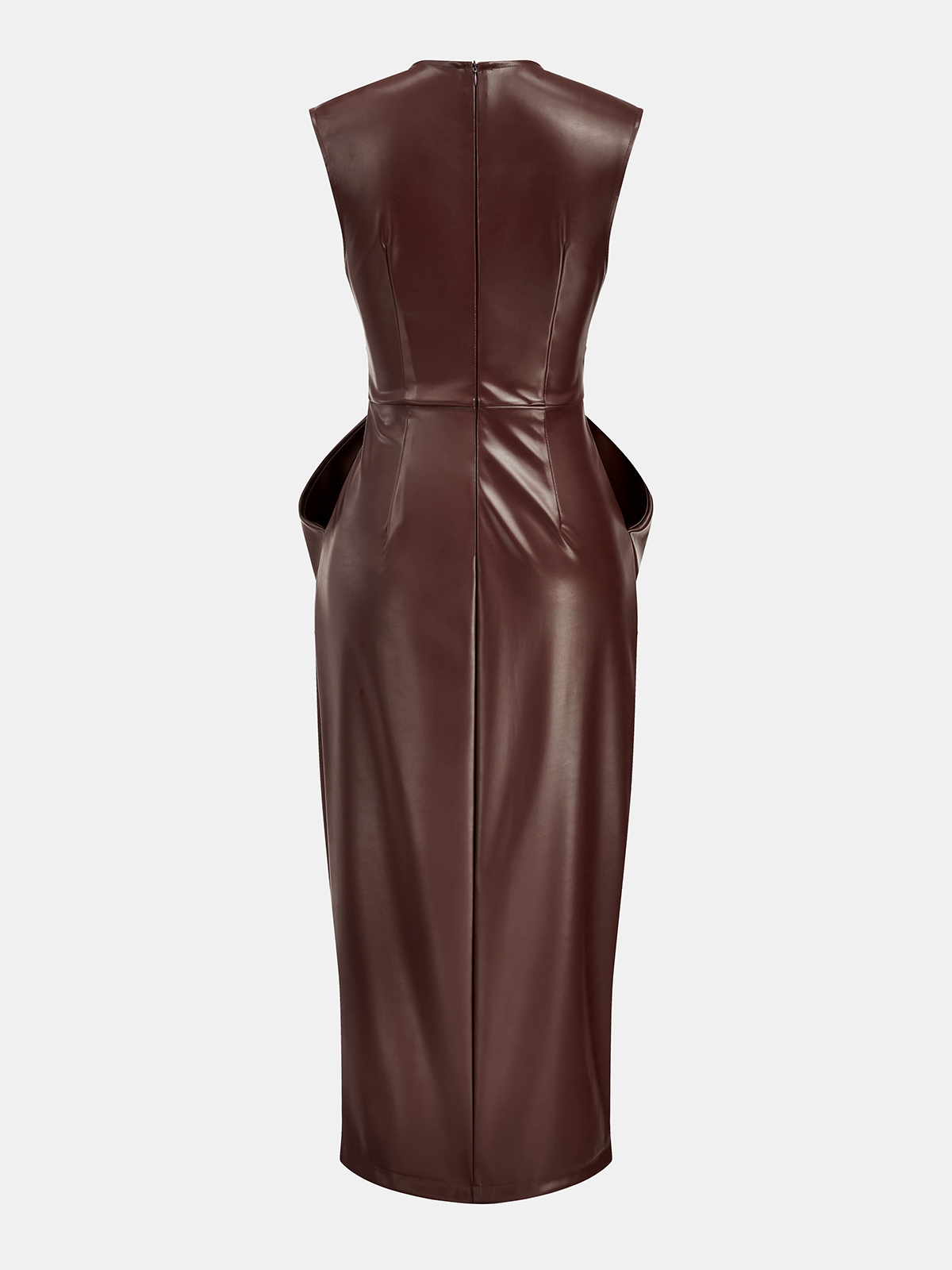 Sleeveless PU Leather Midi Dress with Draped Slit