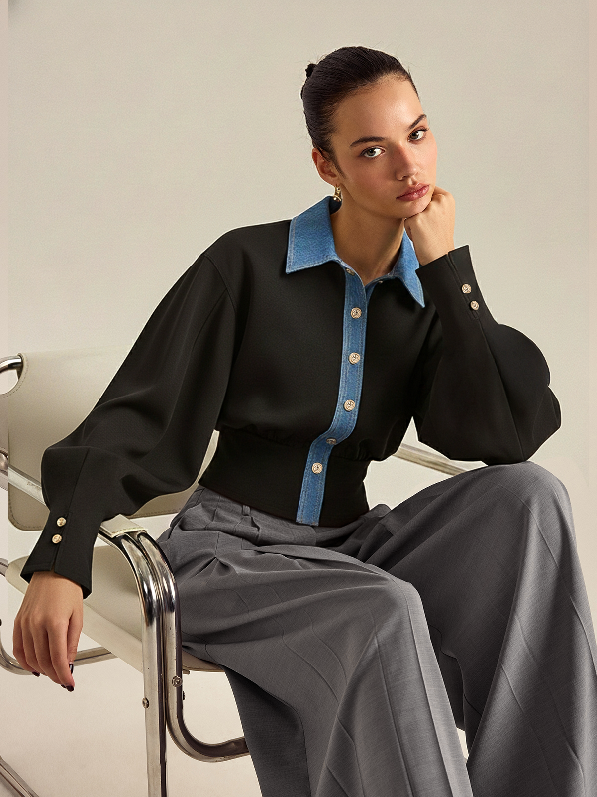 Button-Trimmed Denim Sweater With Stylish Accents