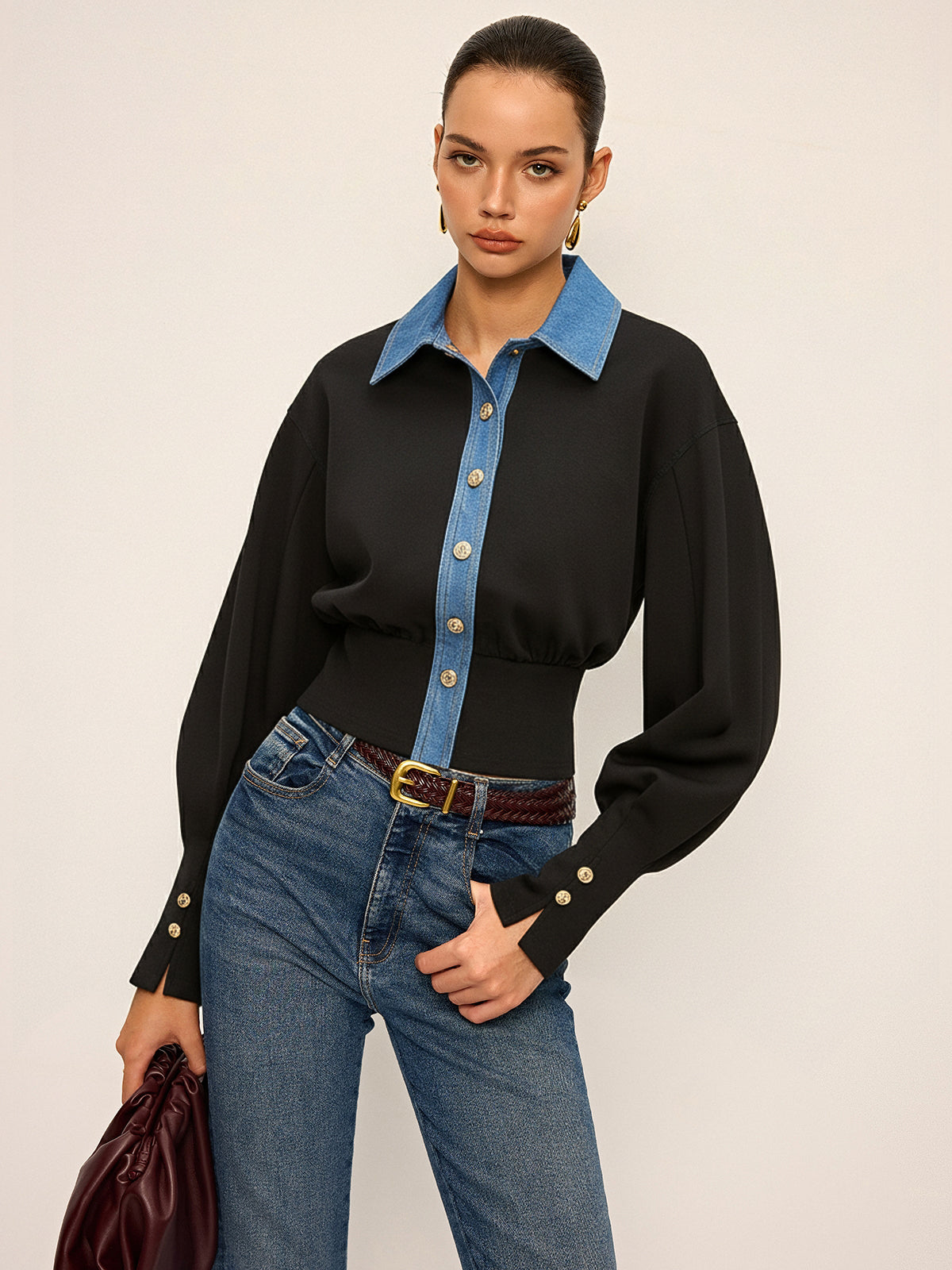Button-Trimmed Denim Sweater With Stylish Accents