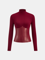 Mock Neck Top with Faux Leather Corset Panels