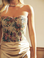 Satin Maxi Dress with Floral Corset and Skirt Panel