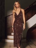 Sequined Cowl Neck Halter Backless Evening Gown