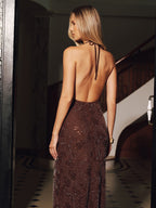 Sequined Cowl Neck Halter Backless Evening Gown