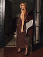 Sequined Cowl Neck Halter Backless Evening Gown