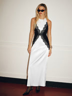 Satin Maxi Dress with Lace Panels and Backless Design