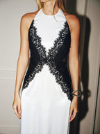 Elegant Satin Maxi Dress with Lace Panels and Open Back