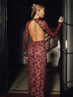 Elegant Lace Backless Maxi Dress with Long Sleeves