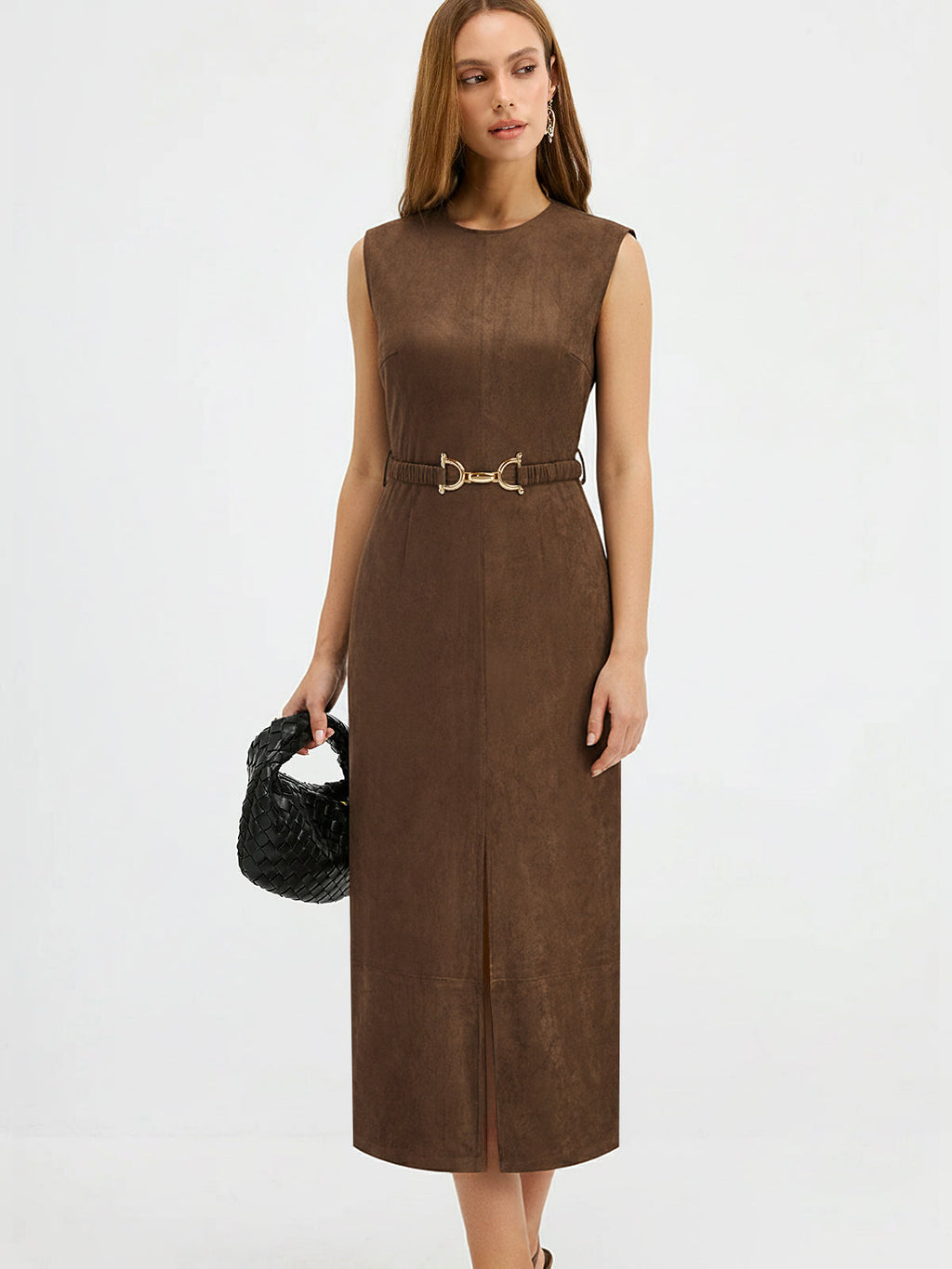 Suede Effect Belted Sleeveless Midi Dress