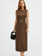 Suede Effect Belted Sleeveless Midi Dress