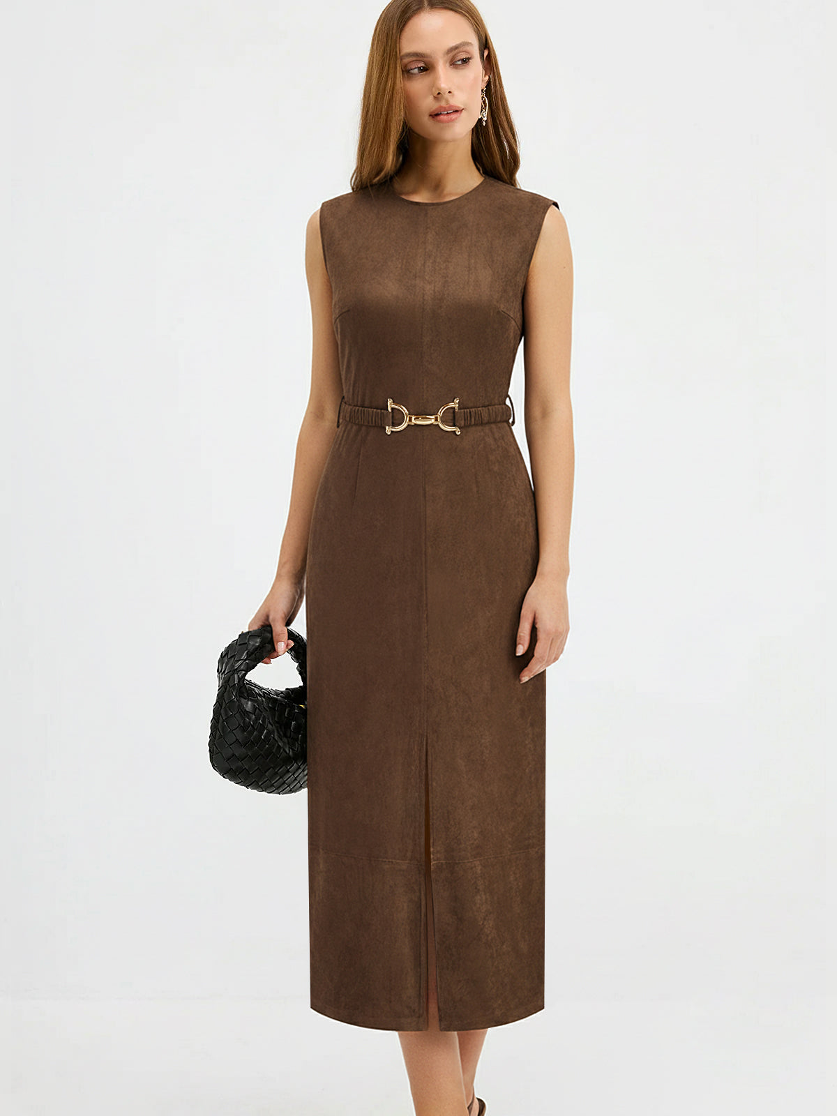 Suede Effect Belted Sleeveless Midi Dress