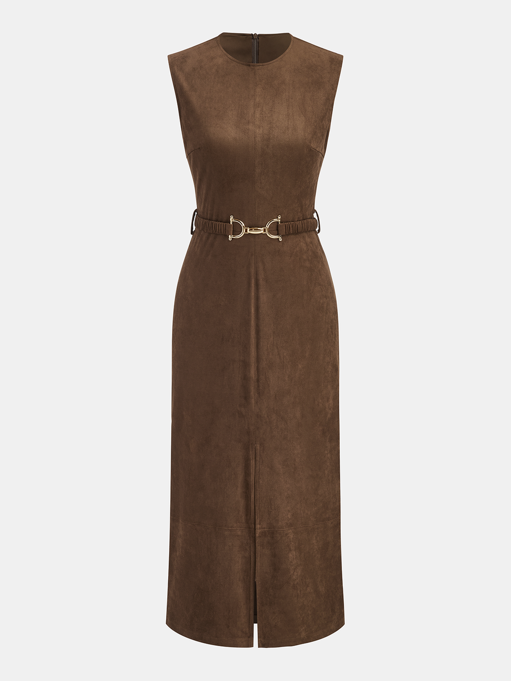 Suede Effect Belted Sleeveless Midi Dress