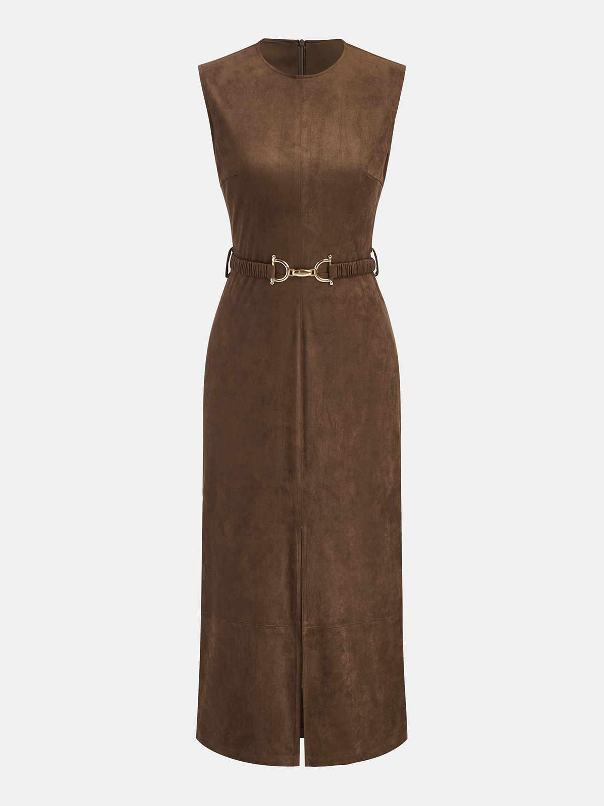 Suede Effect Belted Sleeveless Midi Dress