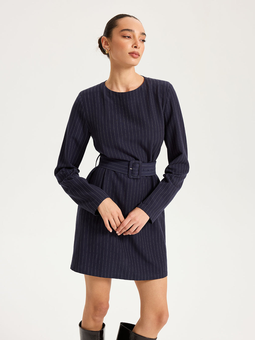 Long Sleeve Pinstripe Dress with Belt Mini Length