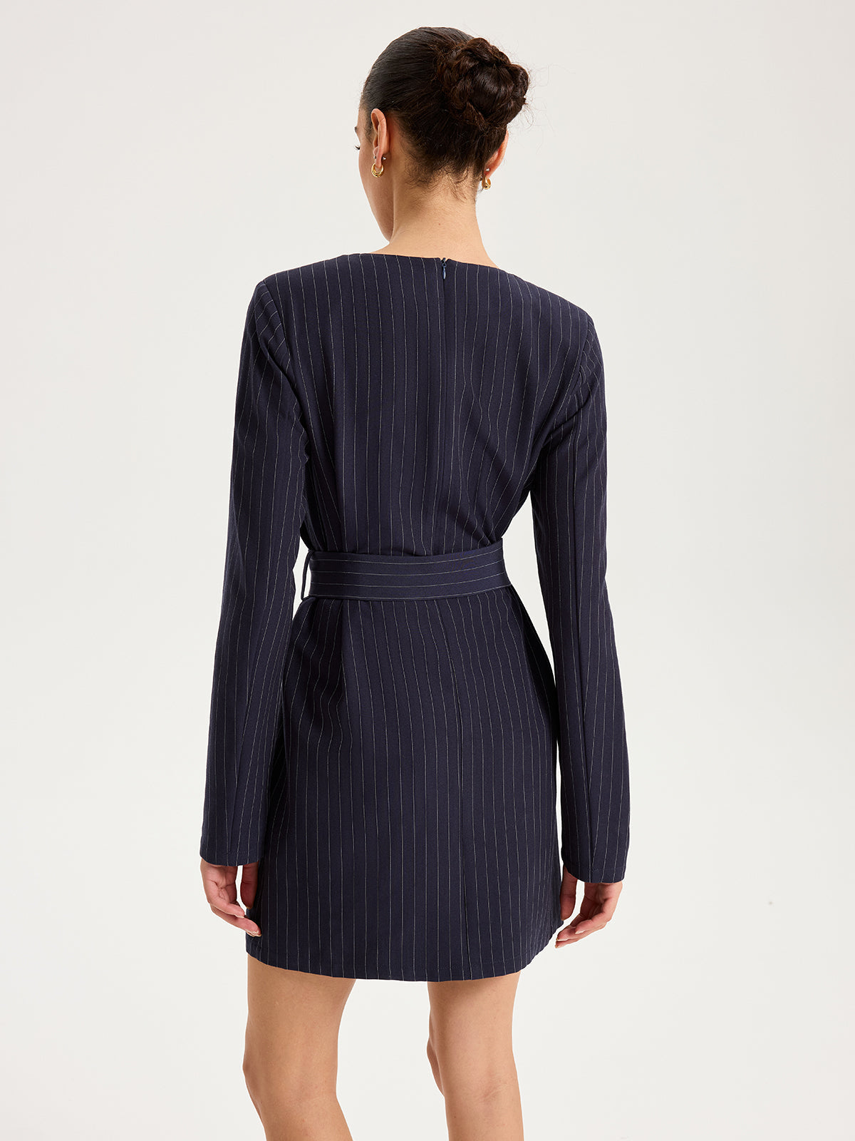 Long Sleeve Pinstripe Dress with Belt Mini Length