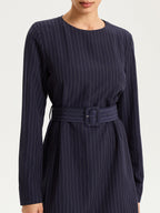Long Sleeve Pinstripe Dress with Belt Mini Length