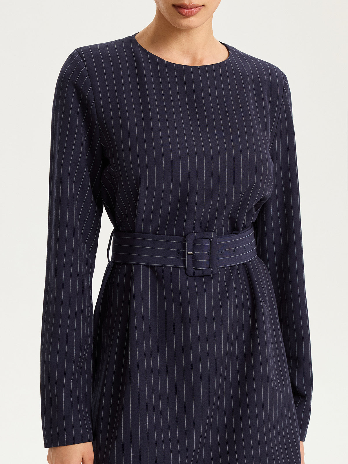 Long Sleeve Pinstripe Dress with Belt Mini Length