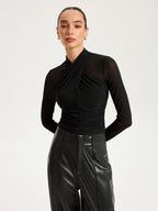 Sheer Mesh Long-Sleeve Top with Cross-Front Detail