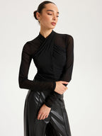 Sheer Mesh Long-Sleeve Top with Cross-Front Detail