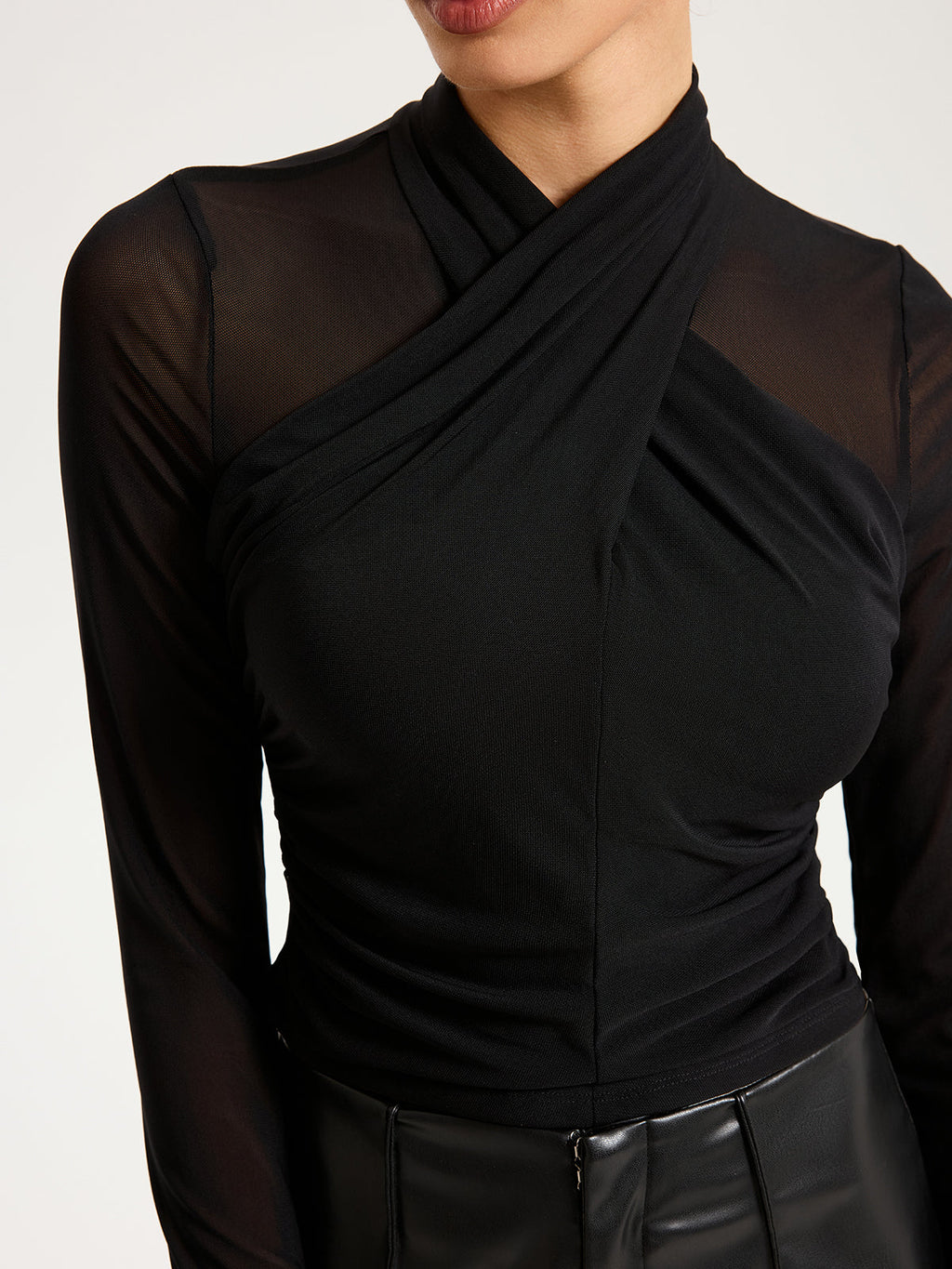Sheer Mesh Long-Sleeve Top with Cross-Front Detail