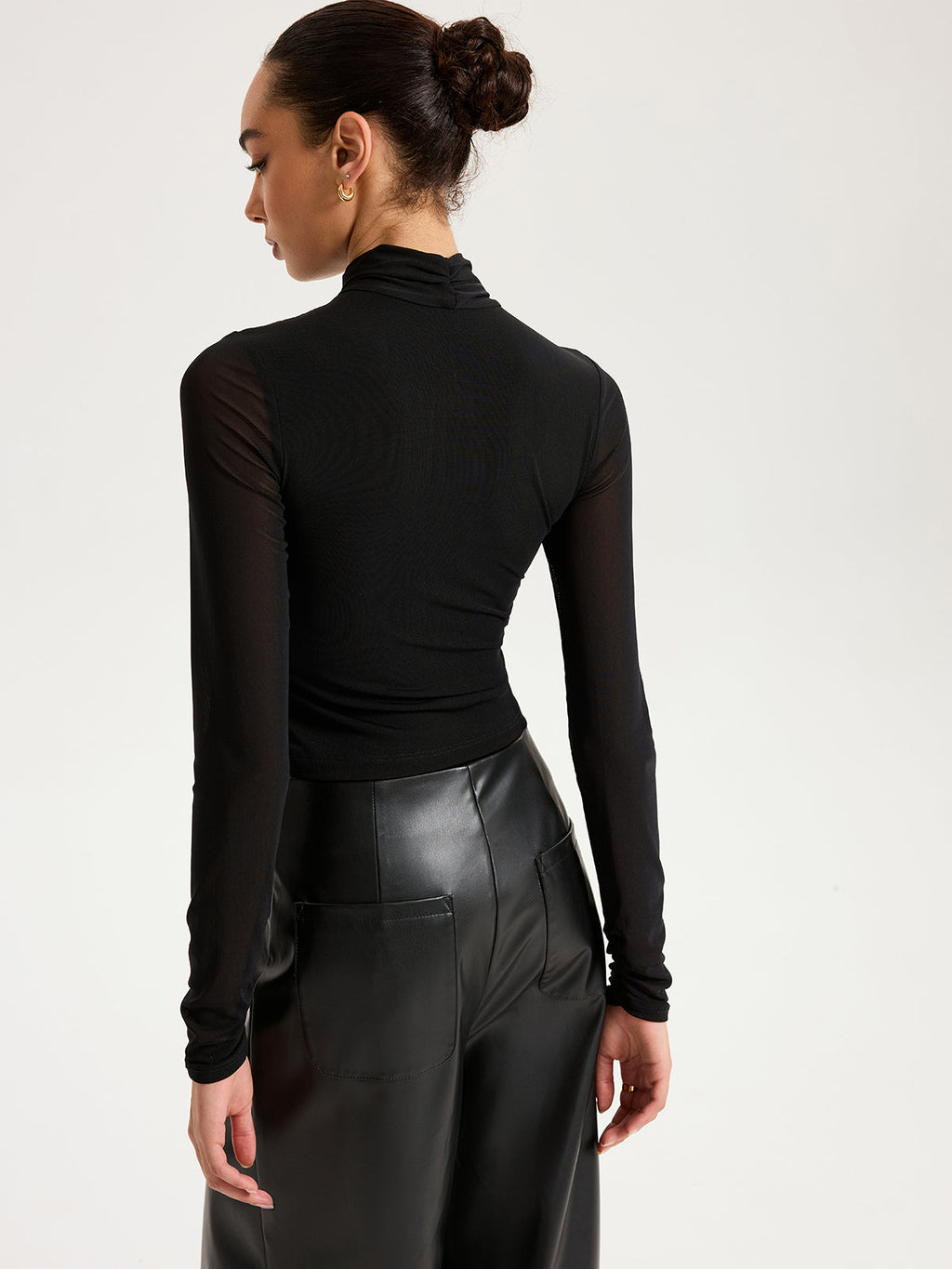Sheer Mesh Long-Sleeve Top with Cross-Front Detail