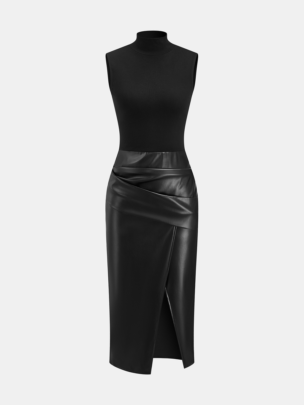 Mock Neck Sleeveless Dress with Faux Leather Panel