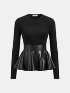 Faux Leather Long-Sleeve Top with Peplum Detail