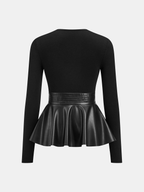 Faux Leather Long-Sleeve Top with Peplum Detail