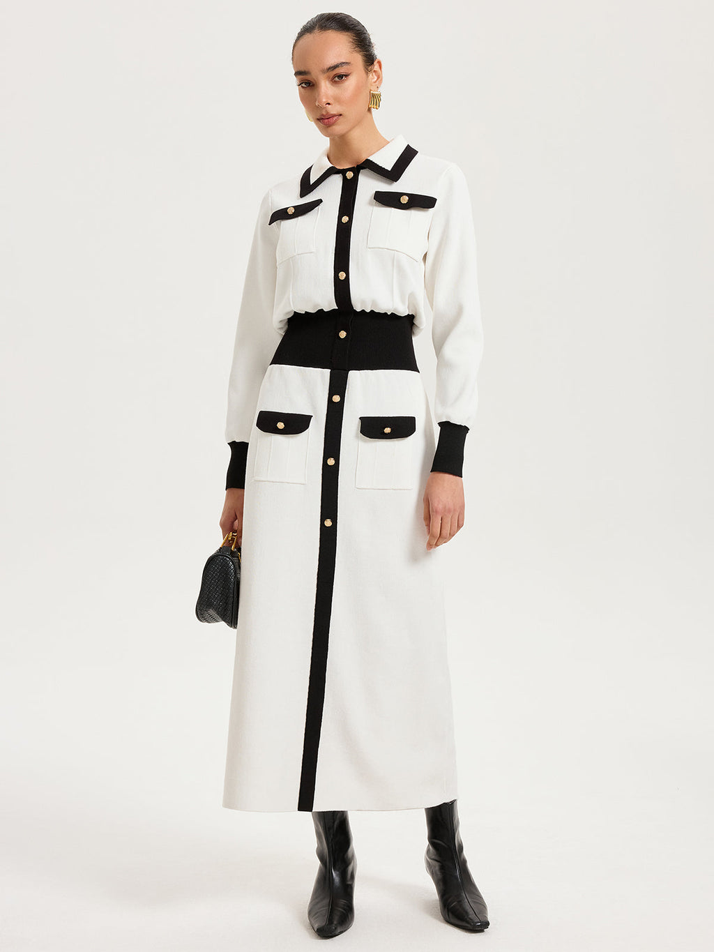 Contrast Trim Knit Maxi Dress with Metal Buttons