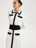 Contrast Trim Knit Maxi Dress with Metal Buttons