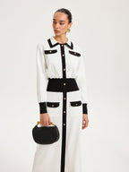 Contrast Trim Collared Knit Maxi Dress with Metal Buttons
