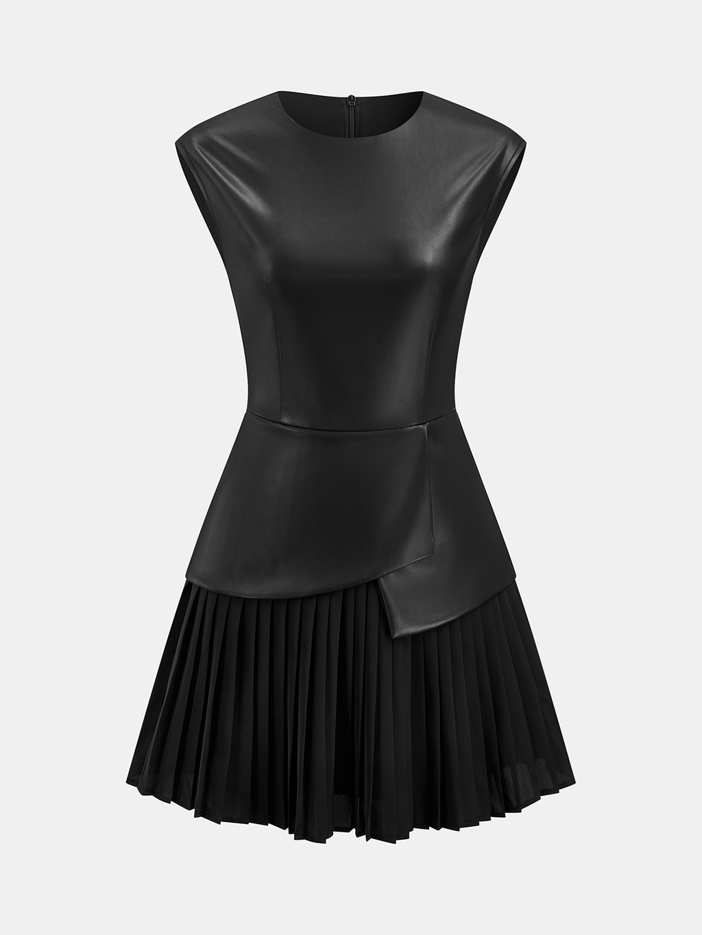 Sleeveless PU Leather Dress with Pleated Panel Detail