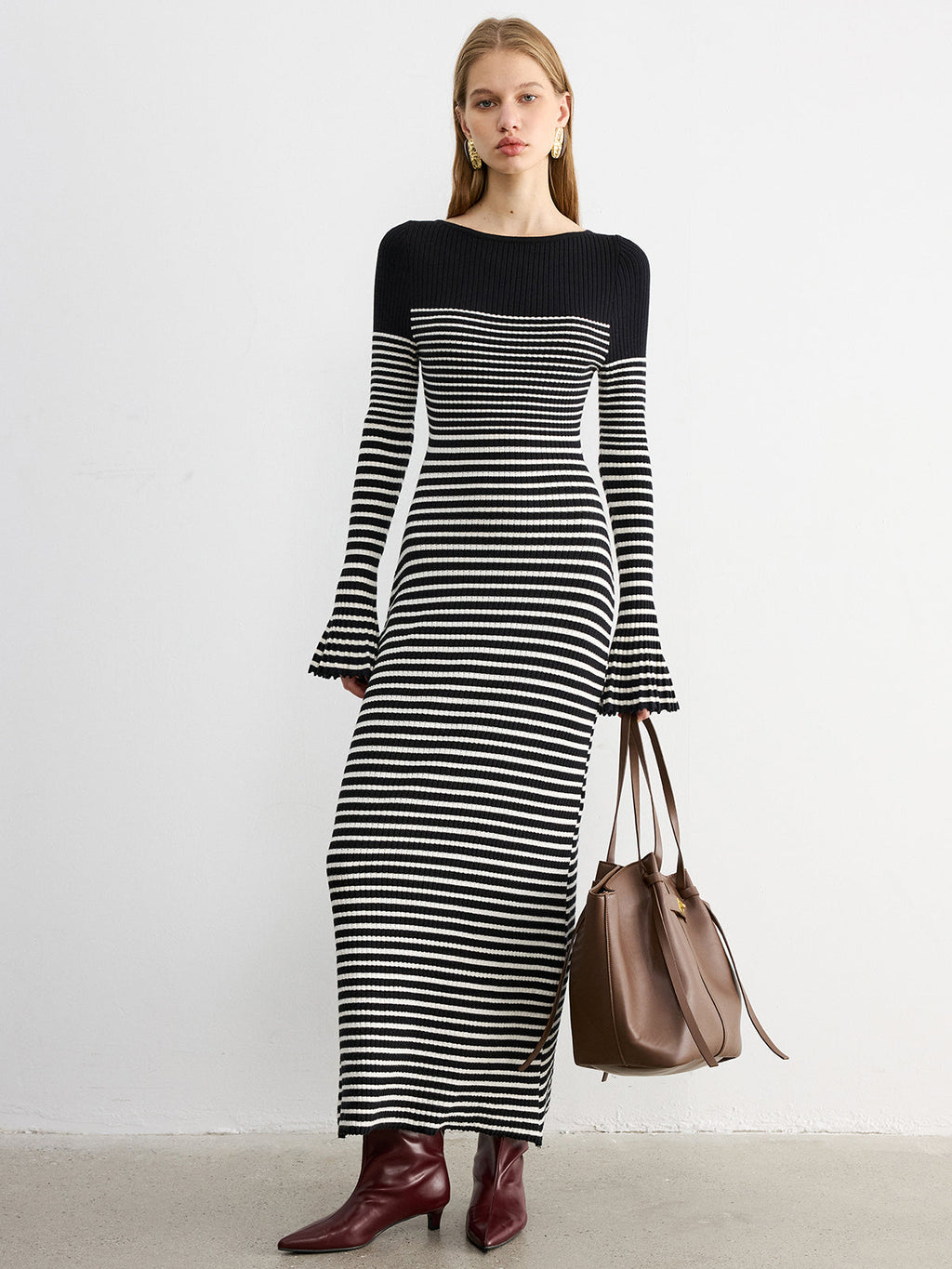 Flared Sleeve Striped Knit Color-Block Maxi Dress