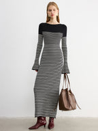 Flared Sleeve Striped Knit Color-Block Maxi Dress