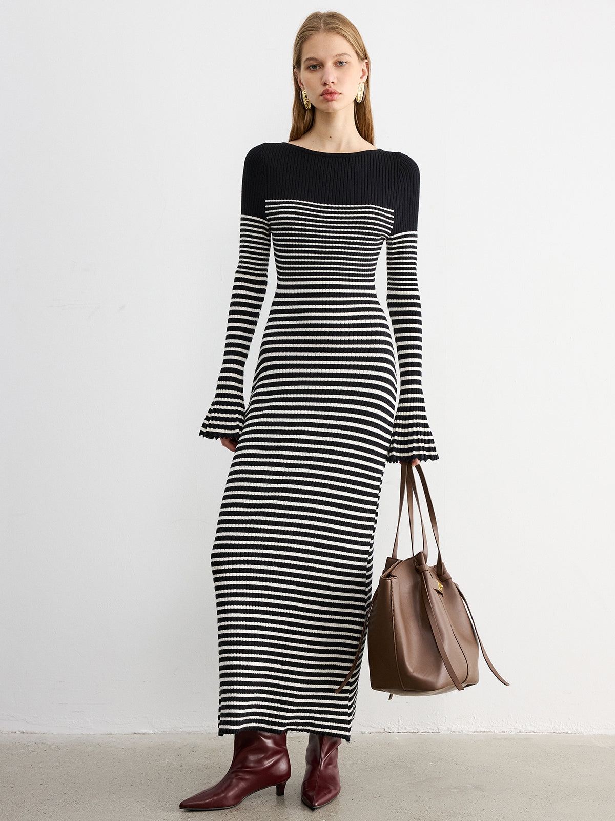 Flared Sleeve Striped Knit Color-Block Maxi Dress