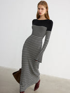 Flared Sleeve Striped Knit Color-Block Maxi Dress