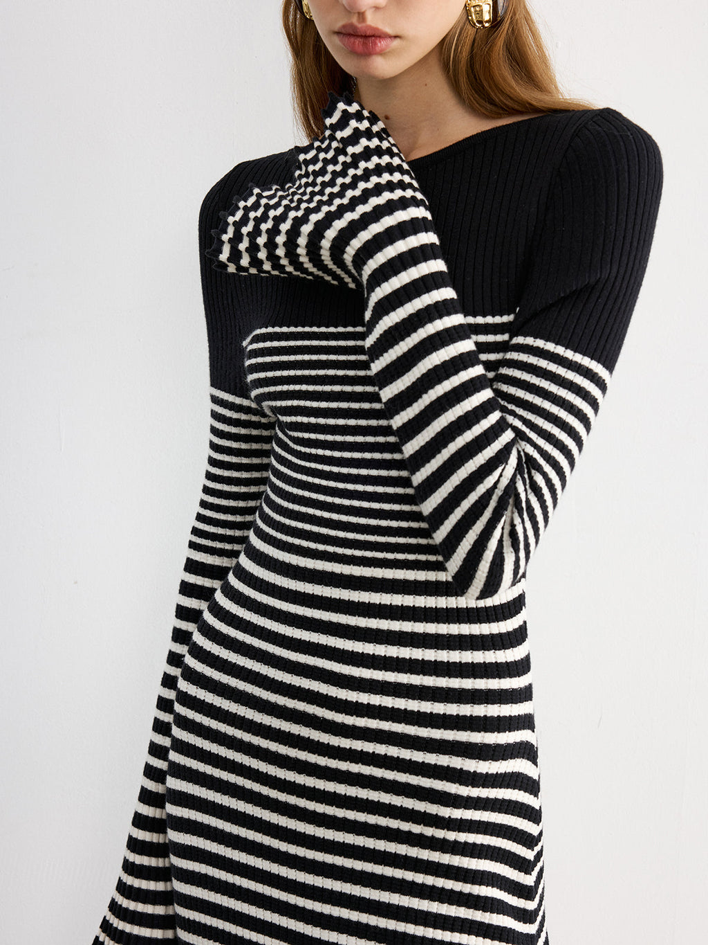 Flared Sleeve Striped Knit Color-Block Maxi Dress