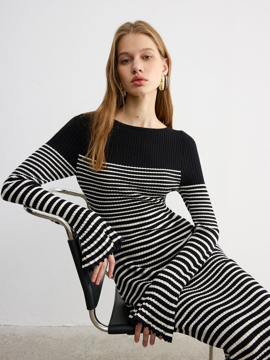 Flared Sleeve Striped Knit Color-Block Maxi Dress