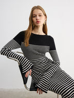 Flared Sleeve Striped Knit Color-Block Maxi Dress
