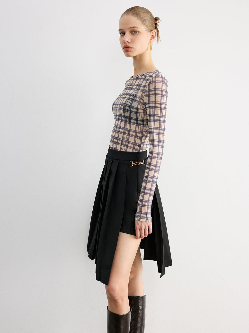 Sheer Plaid Long Sleeve Blouse