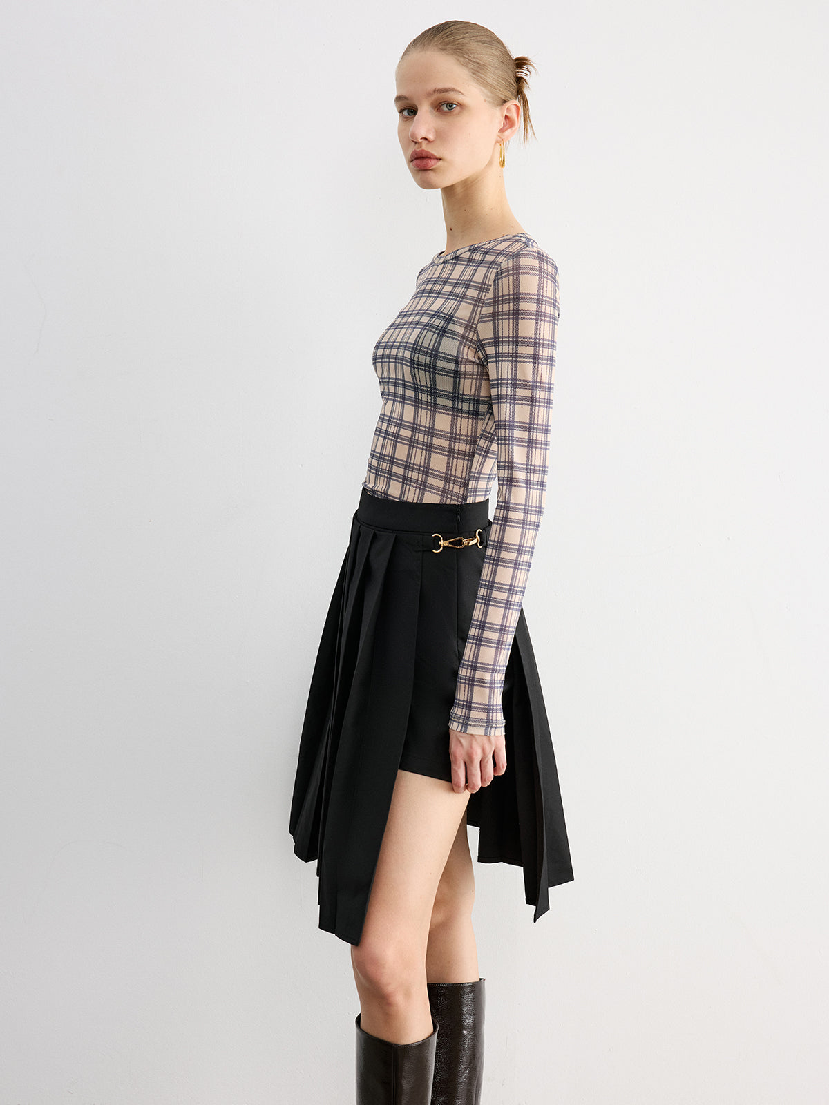 Sheer Plaid Long Sleeve Blouse