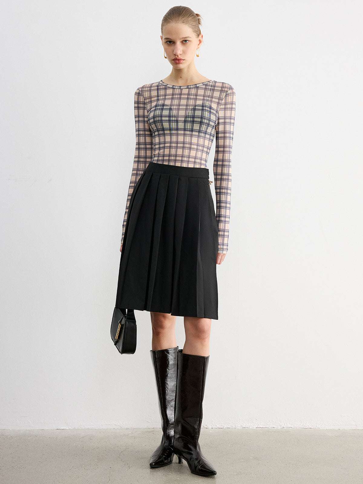 Sheer Plaid Long Sleeve Blouse