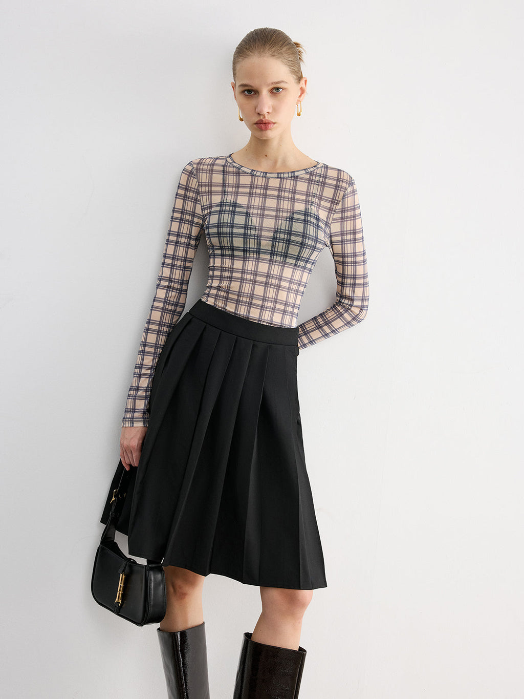 Sheer Plaid Long Sleeve Blouse